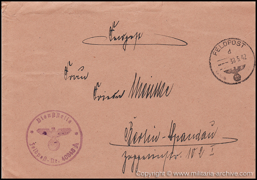 Collection of over180 items of Feldpost, Letters, Postcards, Telegraphs belonging to Polizei Obersekretär Adolf Meinke. The period covered includes 3.Komp, Pol.Btl.181, Polizei-Bataillon 2, 1. Kompanie Pol.Rgt 1, Pol.Rgt 14.