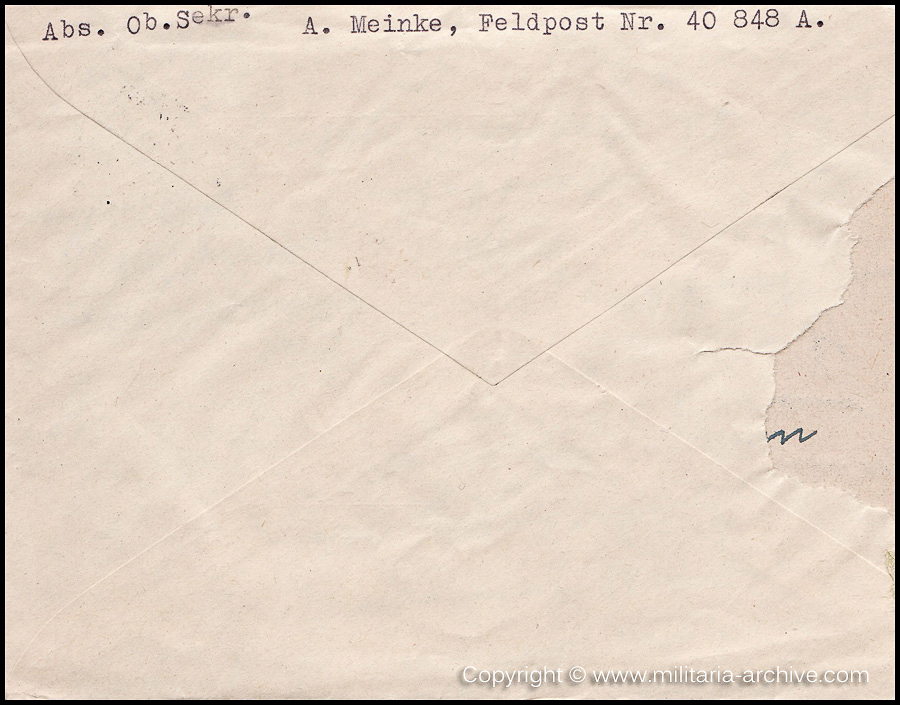 Collection of over180 items of Feldpost, Letters, Postcards, Telegraphs belonging to Polizei Obersekretär Adolf Meinke. The period covered includes 3.Komp, Pol.Btl.181, Polizei-Bataillon 2, 1. Kompanie Pol.Rgt 1, Pol.Rgt 14.