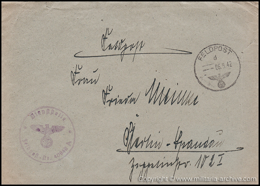 Collection of over180 items of Feldpost, Letters, Postcards, Telegraphs belonging to Polizei Obersekretär Adolf Meinke. The period covered includes 3.Komp, Pol.Btl.181, Polizei-Bataillon 2, 1. Kompanie Pol.Rgt 1, Pol.Rgt 14.