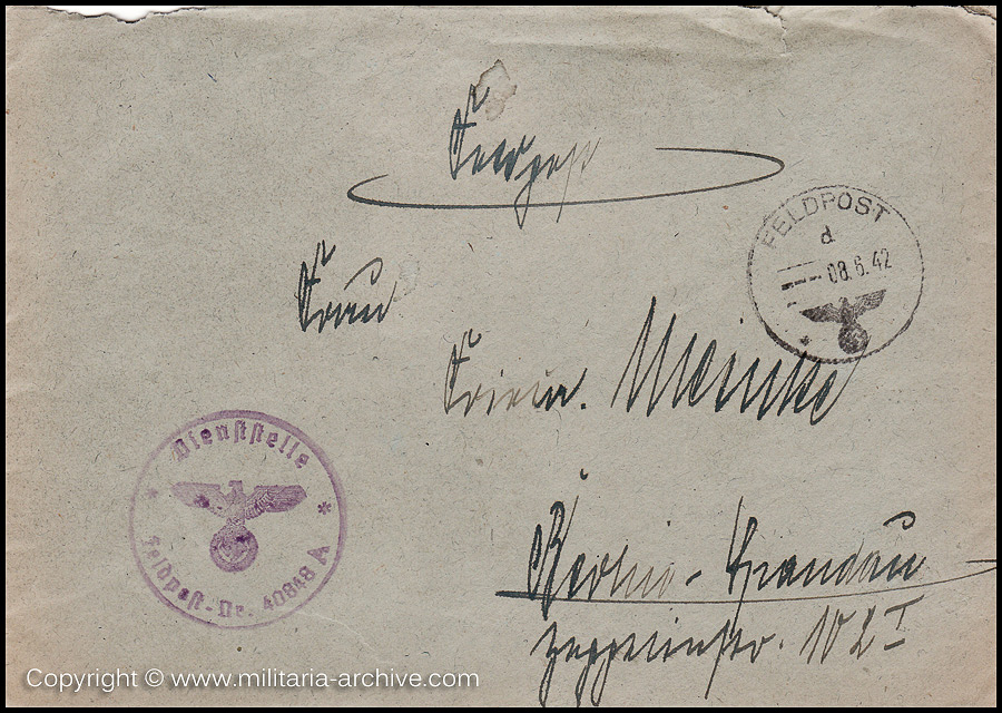 Collection of over180 items of Feldpost, Letters, Postcards, Telegraphs belonging to Polizei Obersekretär Adolf Meinke. The period covered includes 3.Komp, Pol.Btl.181, Polizei-Bataillon 2, 1. Kompanie Pol.Rgt 1, Pol.Rgt 14.