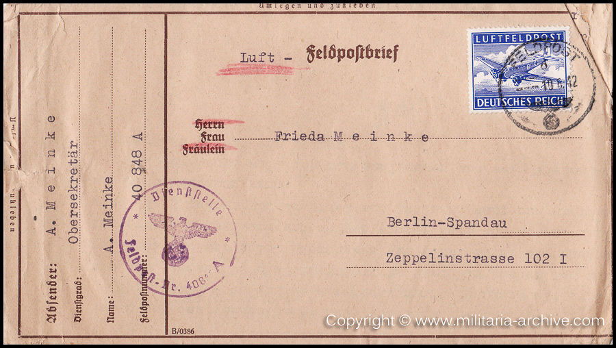 Collection of over180 items of Feldpost, Letters, Postcards, Telegraphs belonging to Polizei Obersekretär Adolf Meinke. The period covered includes 3.Komp, Pol.Btl.181, Polizei-Bataillon 2, 1. Kompanie Pol.Rgt 1, Pol.Rgt 14.