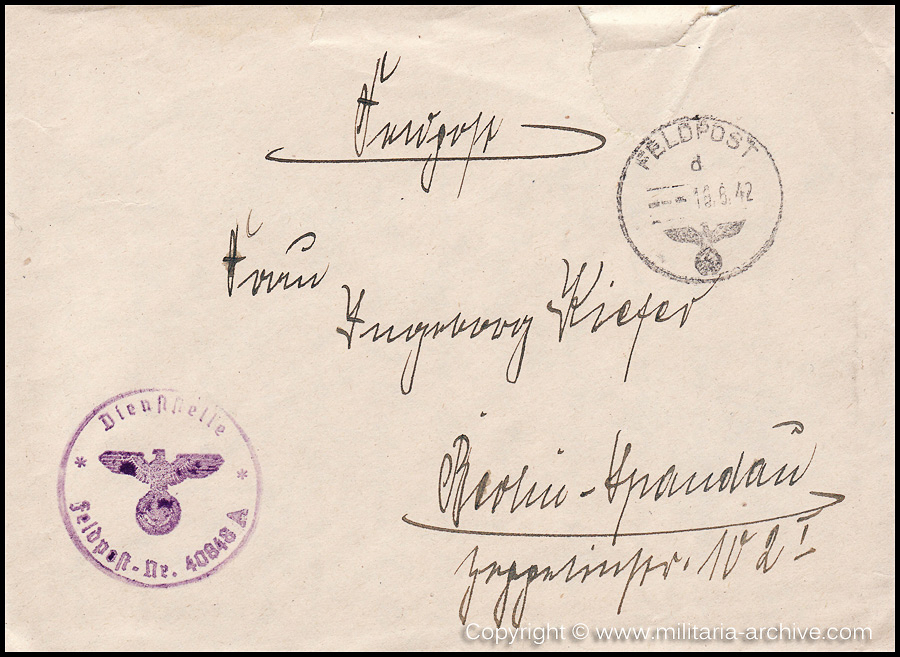 Collection of over180 items of Feldpost, Letters, Postcards, Telegraphs belonging to Polizei Obersekretär Adolf Meinke. The period covered includes 3.Komp, Pol.Btl.181, Polizei-Bataillon 2, 1. Kompanie Pol.Rgt 1, Pol.Rgt 14.