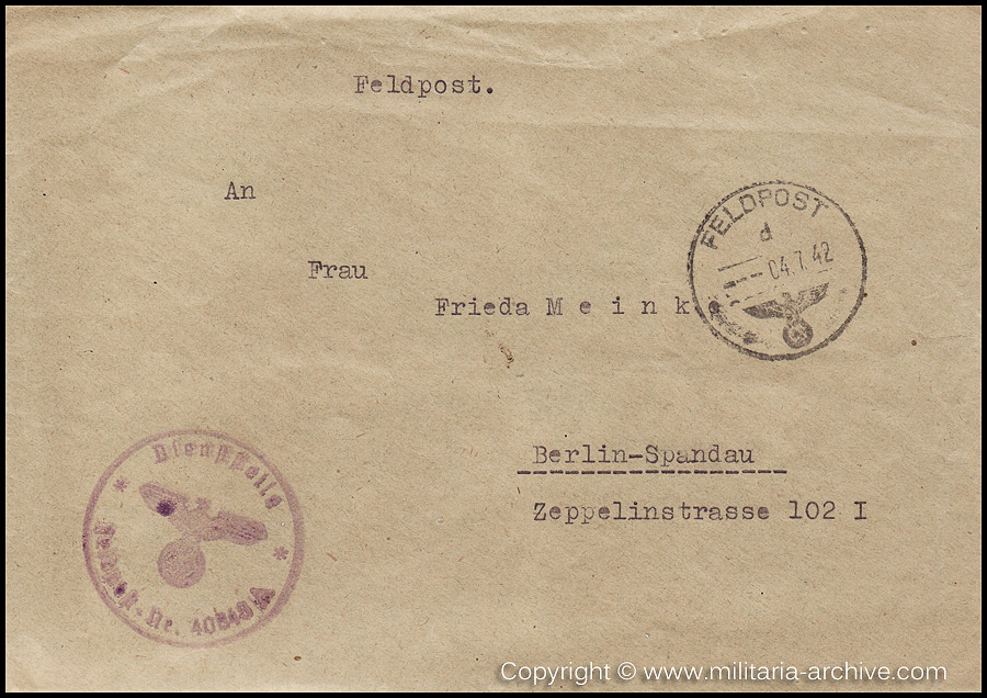 Collection of over180 items of Feldpost, Letters, Postcards, Telegraphs belonging to Polizei Obersekretär Adolf Meinke. The period covered includes 3.Komp, Pol.Btl.181, Polizei-Bataillon 2, 1. Kompanie Pol.Rgt 1, Pol.Rgt 14.