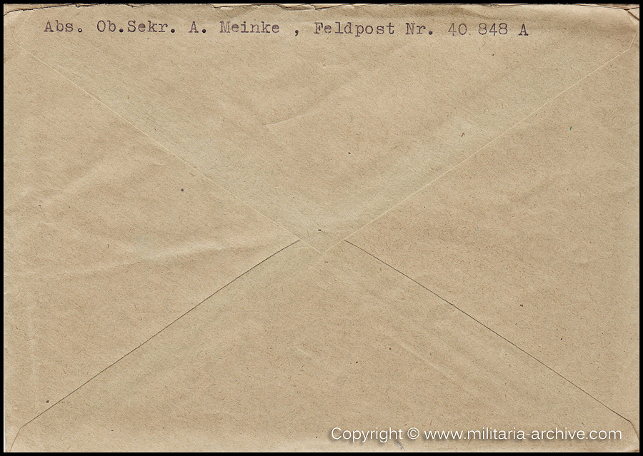 Collection of over180 items of Feldpost, Letters, Postcards, Telegraphs belonging to Polizei Obersekretär Adolf Meinke. The period covered includes 3.Komp, Pol.Btl.181, Polizei-Bataillon 2, 1. Kompanie Pol.Rgt 1, Pol.Rgt 14.