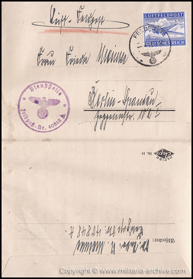 Collection of over180 items of Feldpost, Letters, Postcards, Telegraphs belonging to Polizei Obersekretär Adolf Meinke. The period covered includes 3.Komp, Pol.Btl.181, Polizei-Bataillon 2, 1. Kompanie Pol.Rgt 1, Pol.Rgt 14.