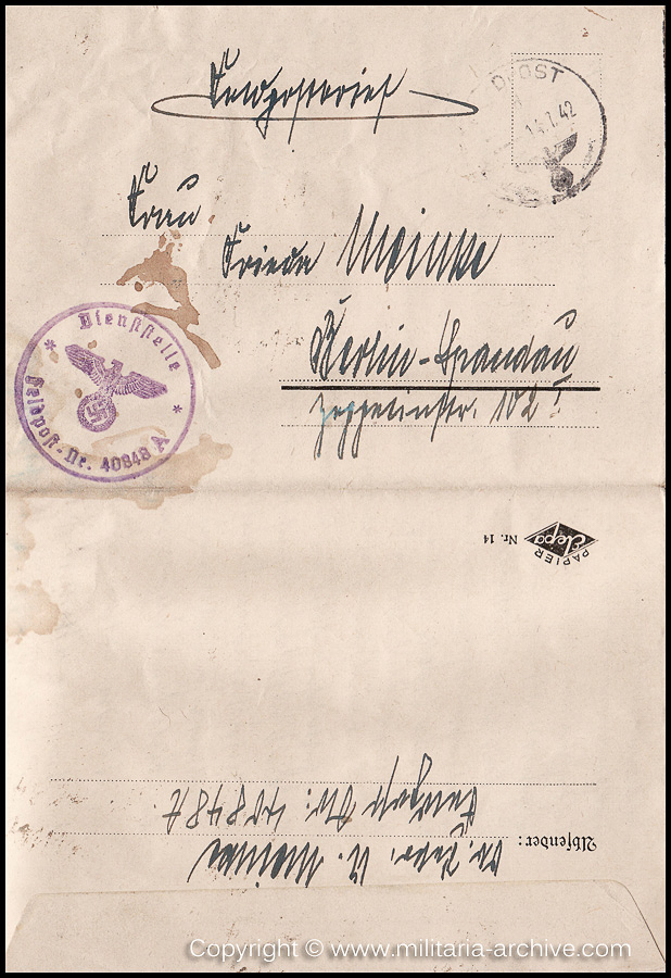 Collection of over180 items of Feldpost, Letters, Postcards, Telegraphs belonging to Polizei Obersekretär Adolf Meinke. The period covered includes 3.Komp, Pol.Btl.181, Polizei-Bataillon 2, 1. Kompanie Pol.Rgt 1, Pol.Rgt 14.