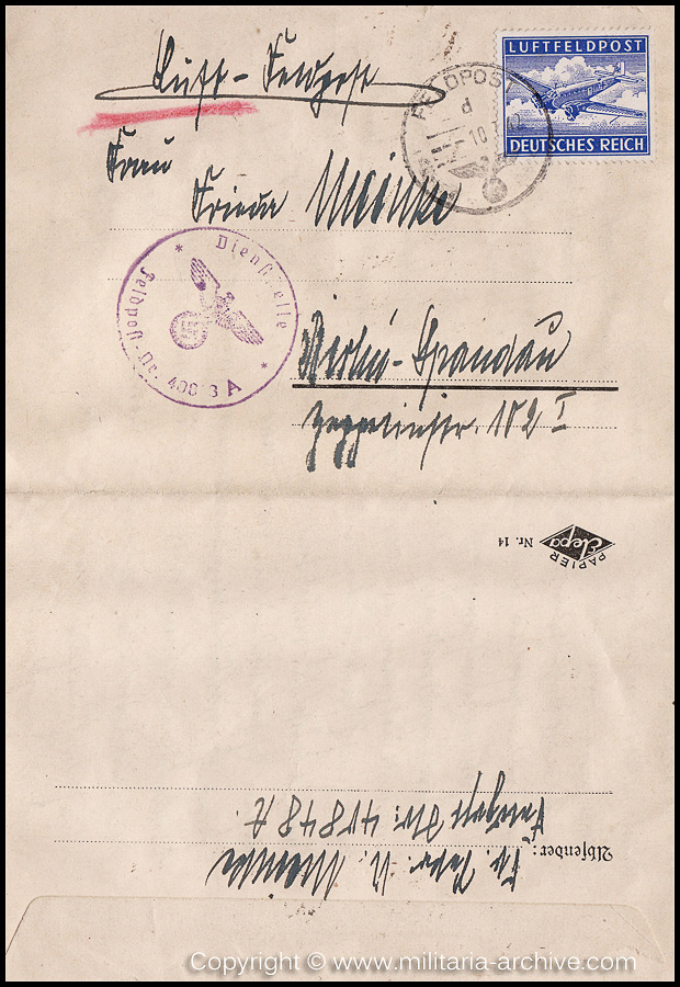 Collection of over180 items of Feldpost, Letters, Postcards, Telegraphs belonging to Polizei Obersekretär Adolf Meinke. The period covered includes 3.Komp, Pol.Btl.181, Polizei-Bataillon 2, 1. Kompanie Pol.Rgt 1, Pol.Rgt 14.