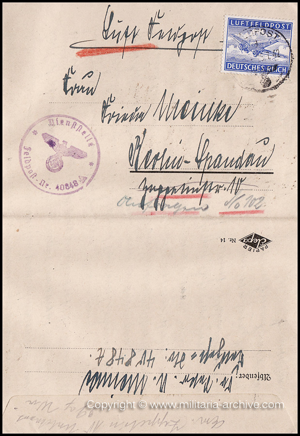 Collection of over180 items of Feldpost, Letters, Postcards, Telegraphs belonging to Polizei Obersekretär Adolf Meinke. The period covered includes 3.Komp, Pol.Btl.181, Polizei-Bataillon 2, 1. Kompanie Pol.Rgt 1, Pol.Rgt 14.