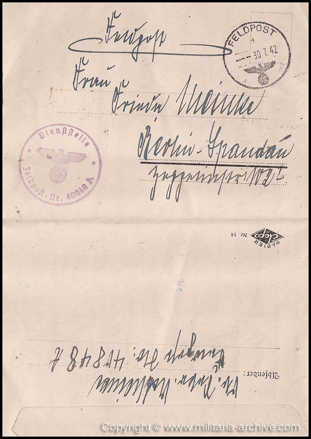 Collection of over180 items of Feldpost, Letters, Postcards, Telegraphs belonging to Polizei Obersekretär Adolf Meinke. The period covered includes 3.Komp, Pol.Btl.181, Polizei-Bataillon 2, 1. Kompanie Pol.Rgt 1, Pol.Rgt 14.