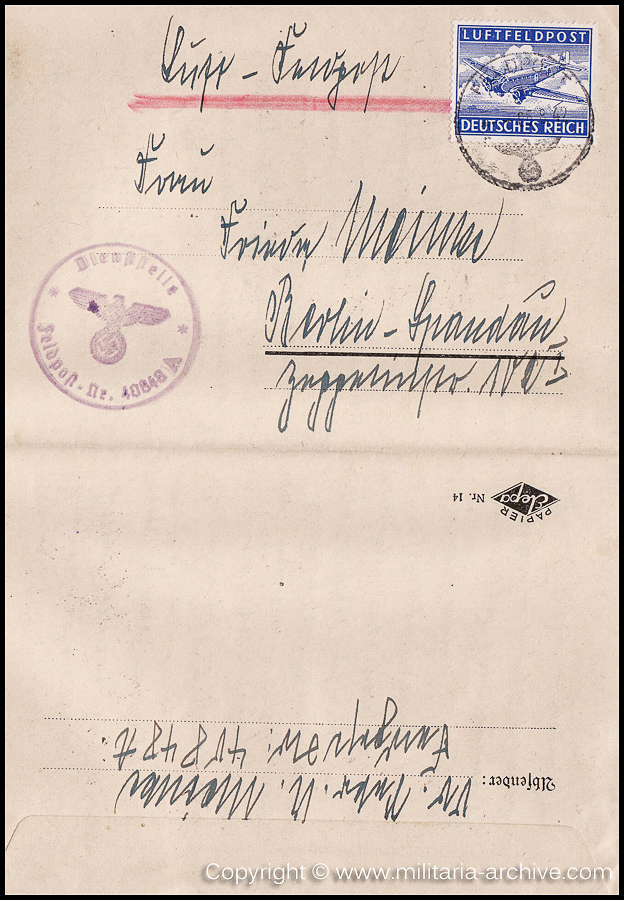 Collection of over180 items of Feldpost, Letters, Postcards, Telegraphs belonging to Polizei Obersekretär Adolf Meinke. The period covered includes 3.Komp, Pol.Btl.181, Polizei-Bataillon 2, 1. Kompanie Pol.Rgt 1, Pol.Rgt 14.