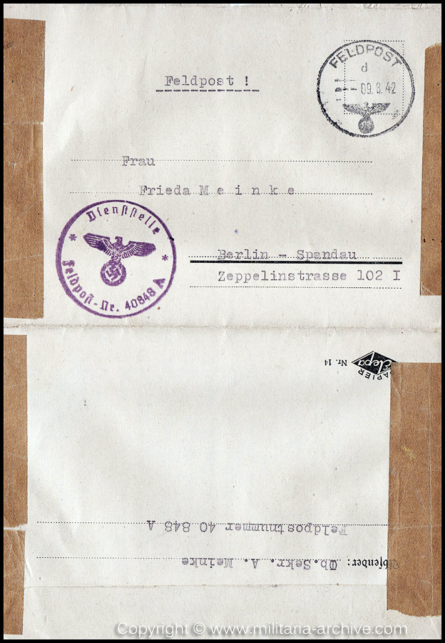 Collection of over180 items of Feldpost, Letters, Postcards, Telegraphs belonging to Polizei Obersekretär Adolf Meinke. The period covered includes 3.Komp, Pol.Btl.181, Polizei-Bataillon 2, 1. Kompanie Pol.Rgt 1, Pol.Rgt 14.