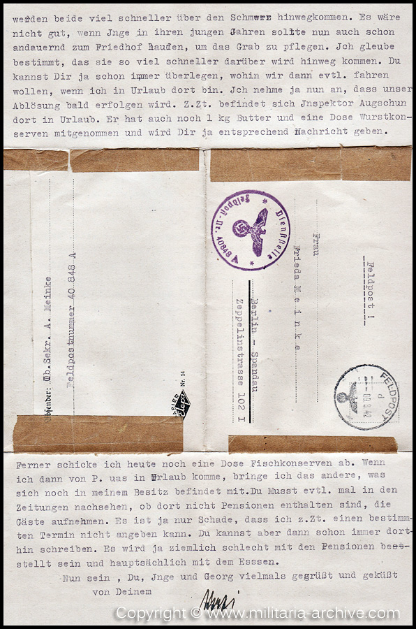 Collection of over180 items of Feldpost, Letters, Postcards, Telegraphs belonging to Polizei Obersekretär Adolf Meinke. The period covered includes 3.Komp, Pol.Btl.181, Polizei-Bataillon 2, 1. Kompanie Pol.Rgt 1, Pol.Rgt 14.