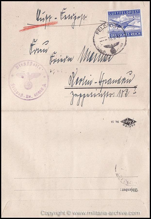 Collection of over180 items of Feldpost, Letters, Postcards, Telegraphs belonging to Polizei Obersekretär Adolf Meinke. The period covered includes 3.Komp, Pol.Btl.181, Polizei-Bataillon 2, 1. Kompanie Pol.Rgt 1, Pol.Rgt 14.