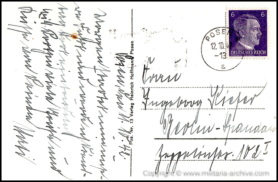 Collection of over180 items of Feldpost, Letters, Postcards, Telegraphs belonging to Polizei Obersekretär Adolf Meinke. The period covered includes 3.Komp, Pol.Btl.181, Polizei-Bataillon 2, 1. Kompanie Pol.Rgt 1, Pol.Rgt 14.