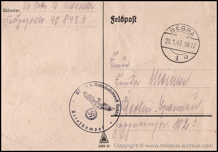 Collection of over180 items of Feldpost, Letters, Postcards, Telegraphs belonging to Polizei Obersekretär Adolf Meinke. The period covered includes 3.Komp, Pol.Btl.181, Polizei-Bataillon 2, 1. Kompanie Pol.Rgt 1, Pol.Rgt 14.