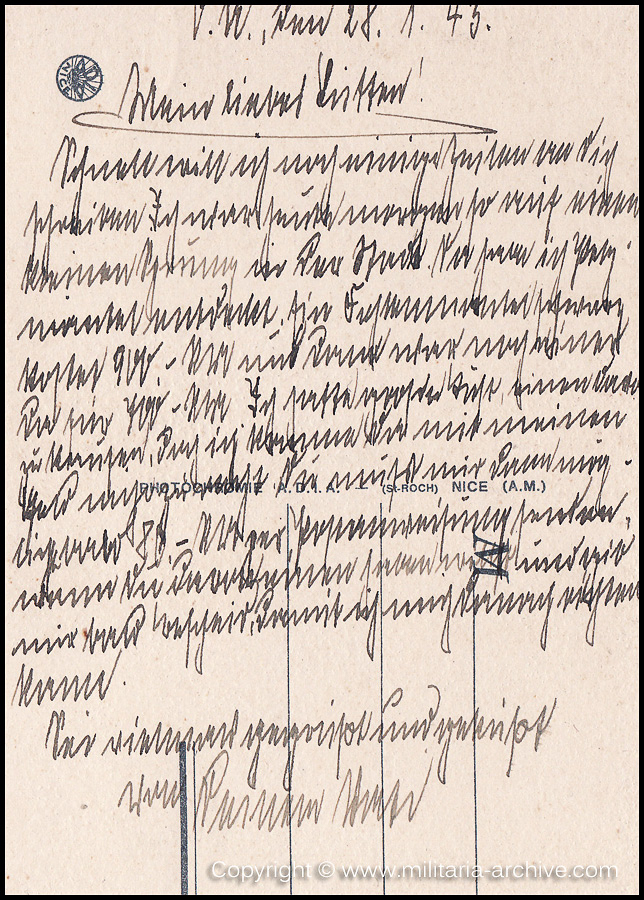 Collection of over180 items of Feldpost, Letters, Postcards, Telegraphs belonging to Polizei Obersekretär Adolf Meinke. The period covered includes 3.Komp, Pol.Btl.181, Polizei-Bataillon 2, 1. Kompanie Pol.Rgt 1, Pol.Rgt 14.