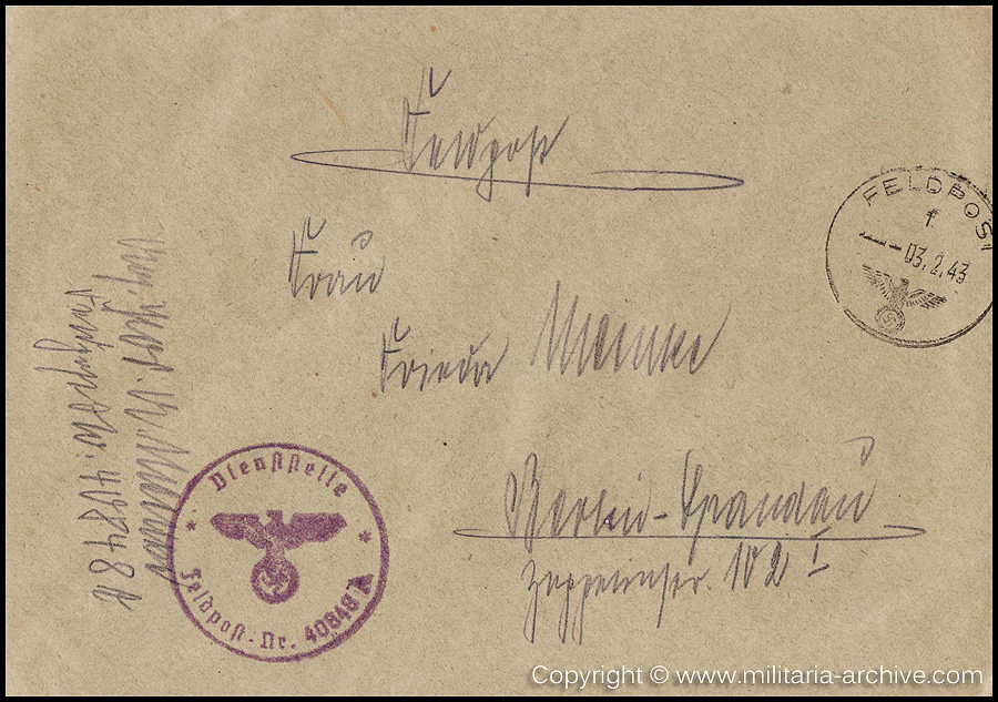 Collection of over180 items of Feldpost, Letters, Postcards, Telegraphs belonging to Polizei Obersekretär Adolf Meinke. The period covered includes 3.Komp, Pol.Btl.181, Polizei-Bataillon 2, 1. Kompanie Pol.Rgt 1, Pol.Rgt 14.