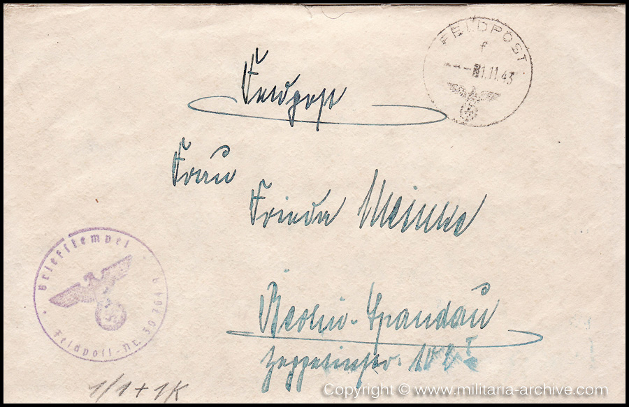 Collection of over180 items of Feldpost, Letters, Postcards, Telegraphs belonging to Polizei Obersekretär Adolf Meinke. The period covered includes 3.Komp, Pol.Btl.181, Polizei-Bataillon 2, 1. Kompanie Pol.Rgt 1, Pol.Rgt 14.