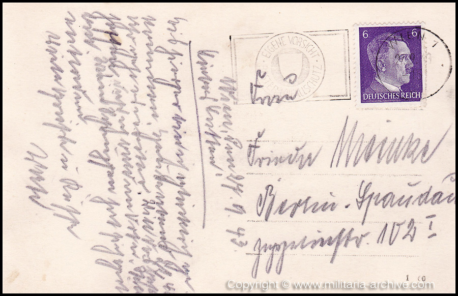 Collection of over180 items of Feldpost, Letters, Postcards, Telegraphs belonging to Polizei Obersekretär Adolf Meinke. The period covered includes 3.Komp, Pol.Btl.181, Polizei-Bataillon 2, 1. Kompanie Pol.Rgt 1, Pol.Rgt 14.