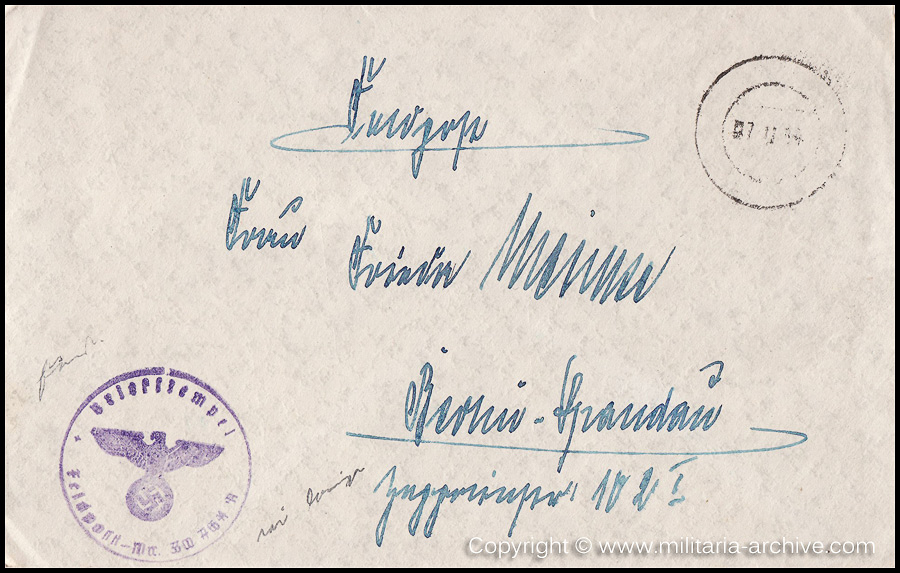 Collection of over180 items of Feldpost, Letters, Postcards, Telegraphs belonging to Polizei Obersekretär Adolf Meinke. The period covered includes 3.Komp, Pol.Btl.181, Polizei-Bataillon 2, 1. Kompanie Pol.Rgt 1, Pol.Rgt 14.