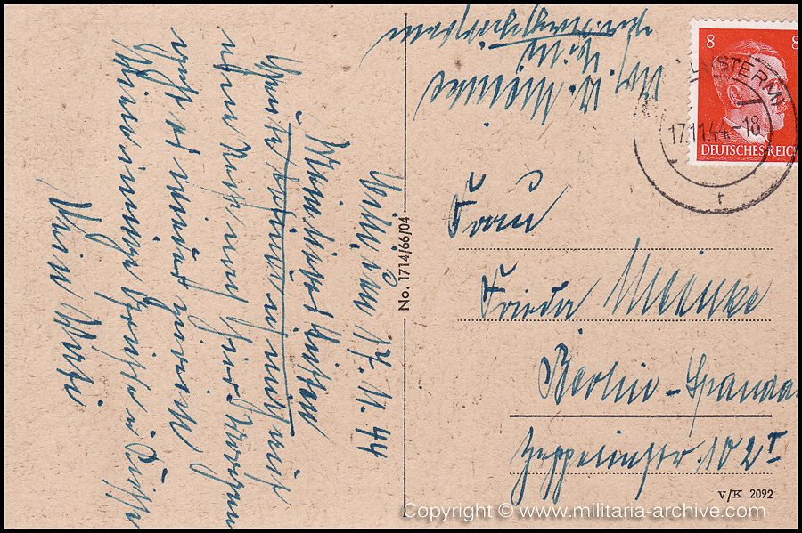 Collection of over180 items of Feldpost, Letters, Postcards, Telegraphs belonging to Polizei Obersekretär Adolf Meinke. The period covered includes 3.Komp, Pol.Btl.181, Polizei-Bataillon 2, 1. Kompanie Pol.Rgt 1, Pol.Rgt 14.