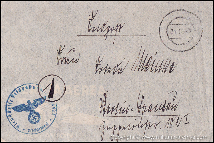 Collection of over180 items of Feldpost, Letters, Postcards, Telegraphs belonging to Polizei Obersekretär Adolf Meinke. The period covered includes 3.Komp, Pol.Btl.181, Polizei-Bataillon 2, 1. Kompanie Pol.Rgt 1, Pol.Rgt 14.