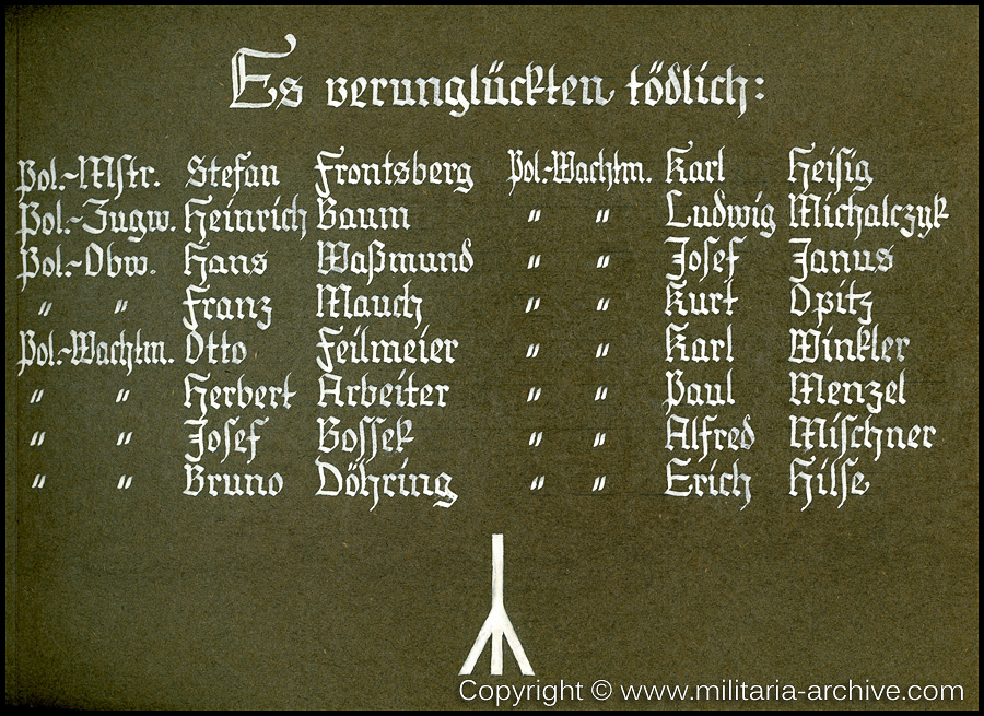 'Es verunglückten tödlich
Pol.Mstr.Stefan Frontsberg
Pol.Zugw. Heinrich Baum
Pol.Obw. Hans Waßmund
Pol.Obw.Franz Mauch
Pol.Wachtm.Herbet Arbeiter
Pol.Wachtm.Josef Bossek
Pol.Wachtm. Bruno Döhring
Pol.Wachtm. Otto Feilmeier
Pol.Wachtm.Karl Heisig
Pol.Wachtm.Josef Janus
Pol.Wachtm.Ludwig Michalczyk
Pol.Wachtm.Alfred Mischner
Pol.Wachtm.Kurt Opitz
Pol.Wachtm.Karl Winkler
Es Werden Vermißt
Pol.Wachtm.Erich Hilse
Pol.Wachtm.Paul Menzel, Pol.Wachtm. Alfred Mischner,
Pol.Wachtm. Erich Hilse'