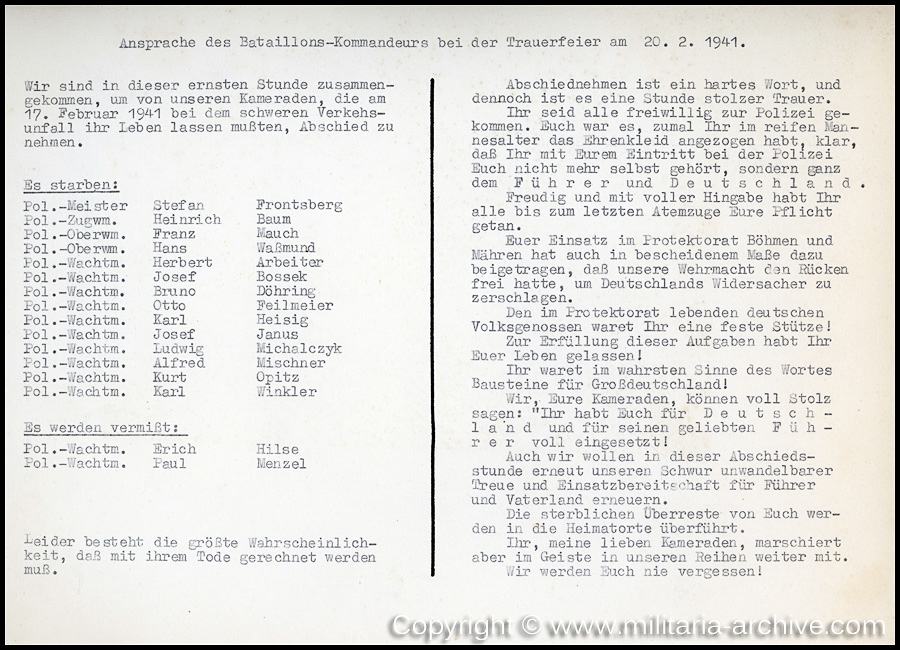 'Ansprache des Bataillons-Kommandeurs bei der Trauerfeier am 20.2.1941'