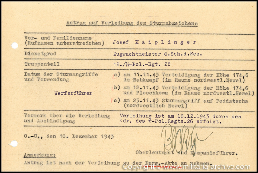Zugwachtm.d.SchP.d.Res. Josef Kaiplinger, 12./SS-Pol.Rgt.26