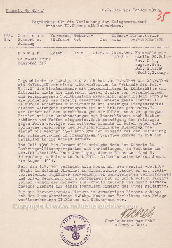 KVK award text (awarded 10th May 1942)